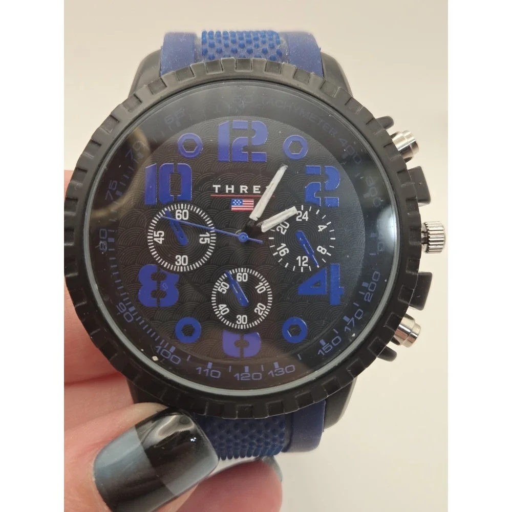 Accutime THRE3 Mens Sport Watch Black/Blue Dial Tachymeter Quartz Blue Silicone